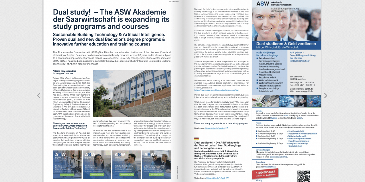 Dual study! – The ASW Akademie der Saarwirtschaft is expanding its study programs and courses  Sustainable Building Technology & Artificial Intelligence.  Proven dual and new dual Bachelor’s degree programs & innovative further education and training courses