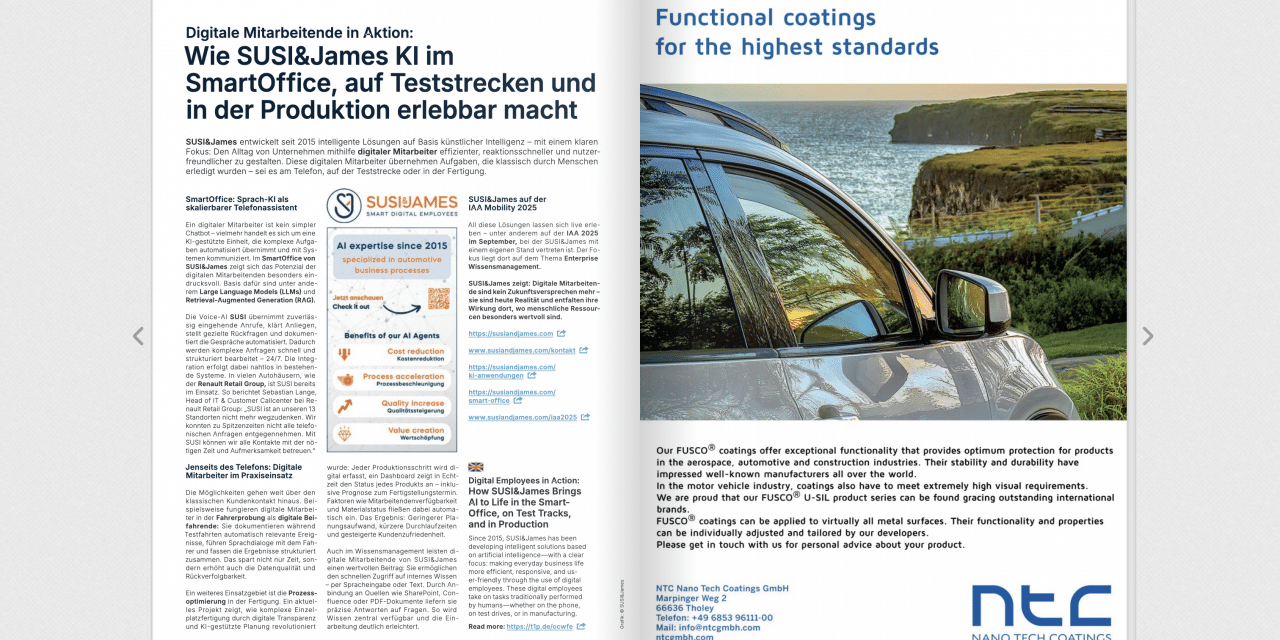 Lesetipp aus OEM&Lieferant – sonder-Edition Autoregionen International: Digitale Mitarbeitende in Aktion: Wie SUSI&James KI im SmartOffice, auf Teststrecken und in der Produktion erlebbar macht